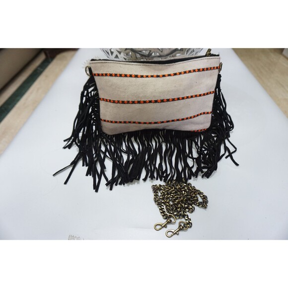 Moroccan Fringe Bag Handira Kilim Suede Leather Clutch with Chain Strap - Picture 9 of 10